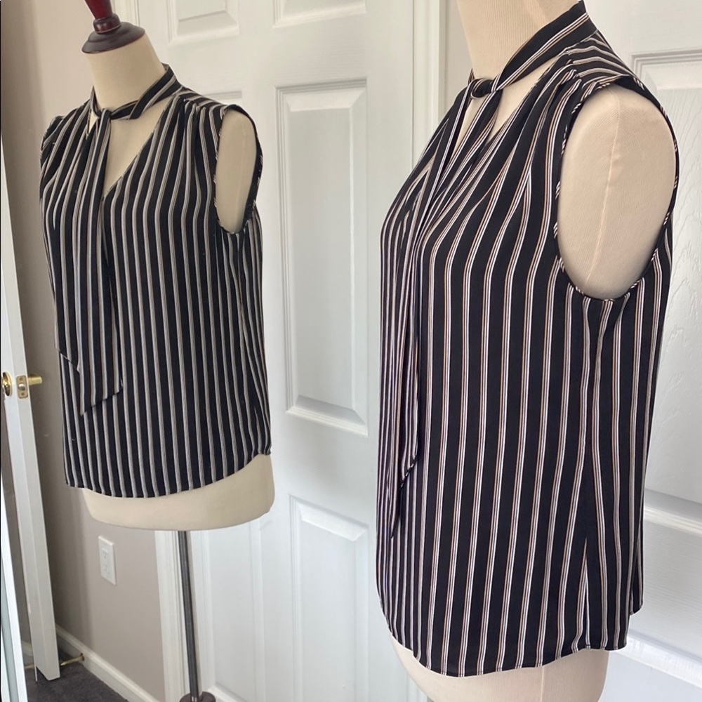 White House Black Market Striped Top Sz 4 Ball-Chain Tie-Neck Stripe Shell - Picture 4 of 9